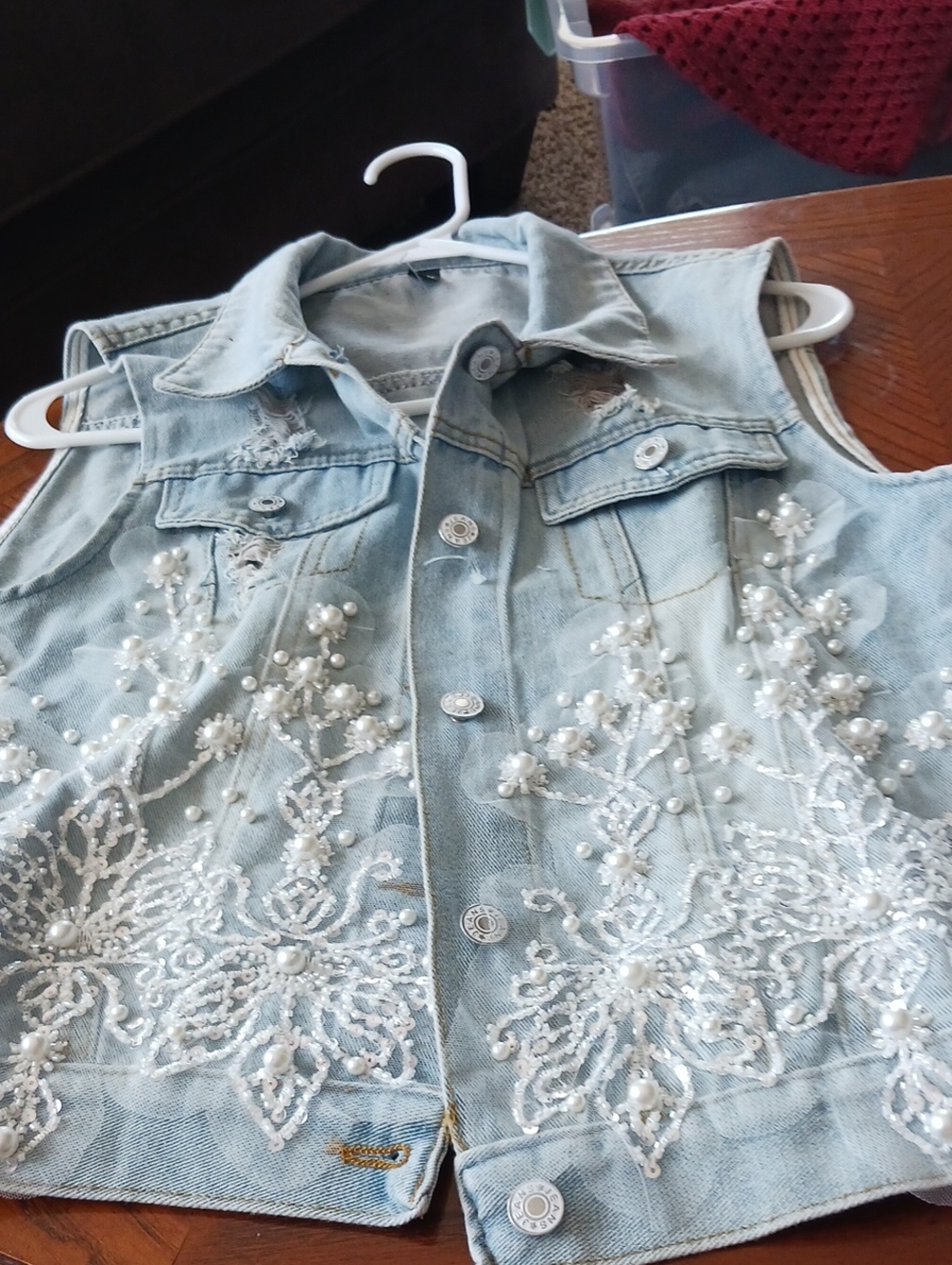 Light Blue Denim Vest with Pearl & Lace Embellishment